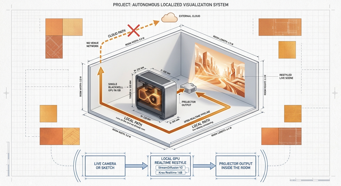 Board: a single Blackwell GPU workstation running an open realtime pipeline into a projector inside a room, local path solid, cloud path dashed and crossed out