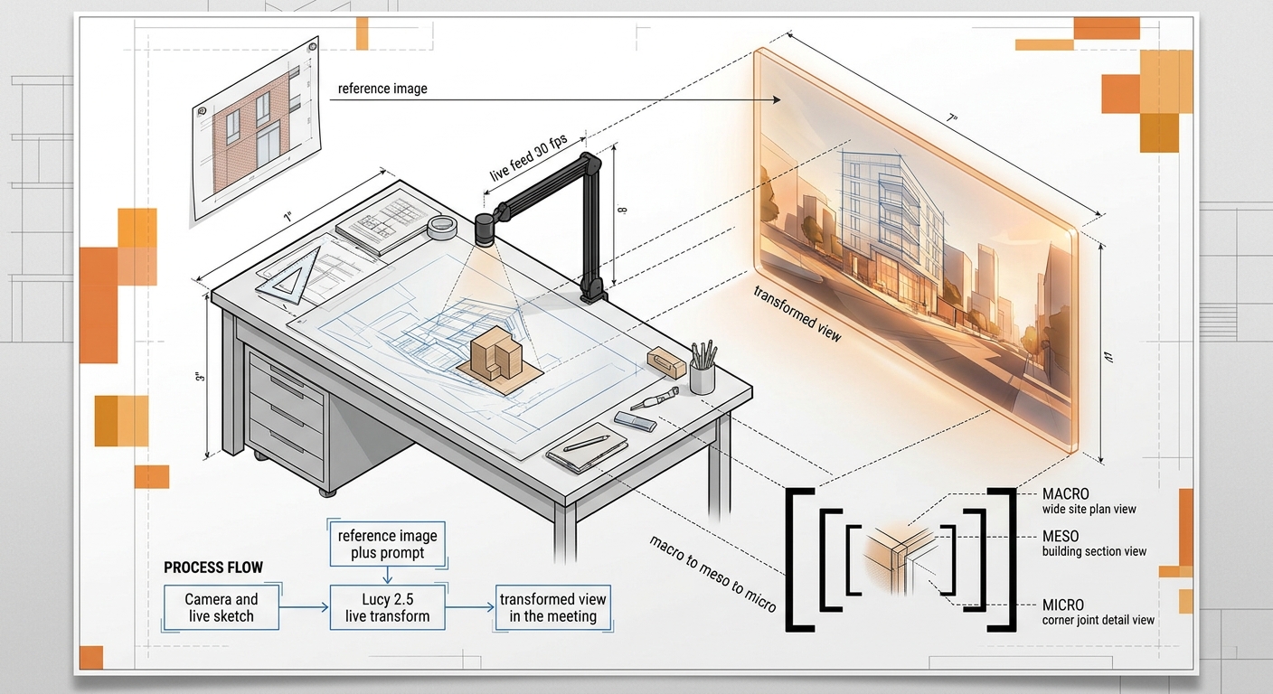 Concept board: live camera and sketch, Lucy 2.5 live transform conditioned by an engineering reference image, macro to meso to micro zoom, flow diagram