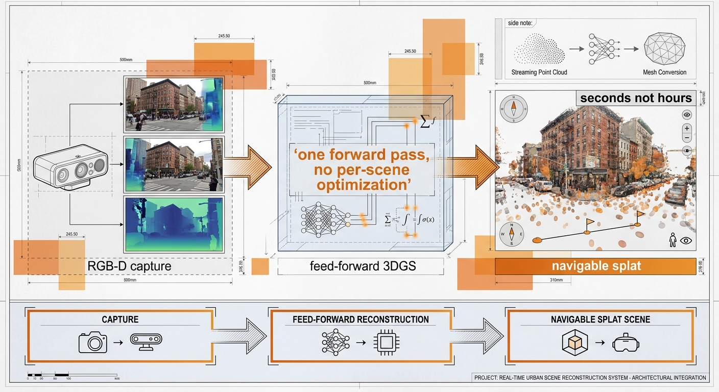 Feed-forward 3DGS: RGB-D capture and calibrated views into a single neural forward pass, producing a navigable splat scene in seconds not hours
