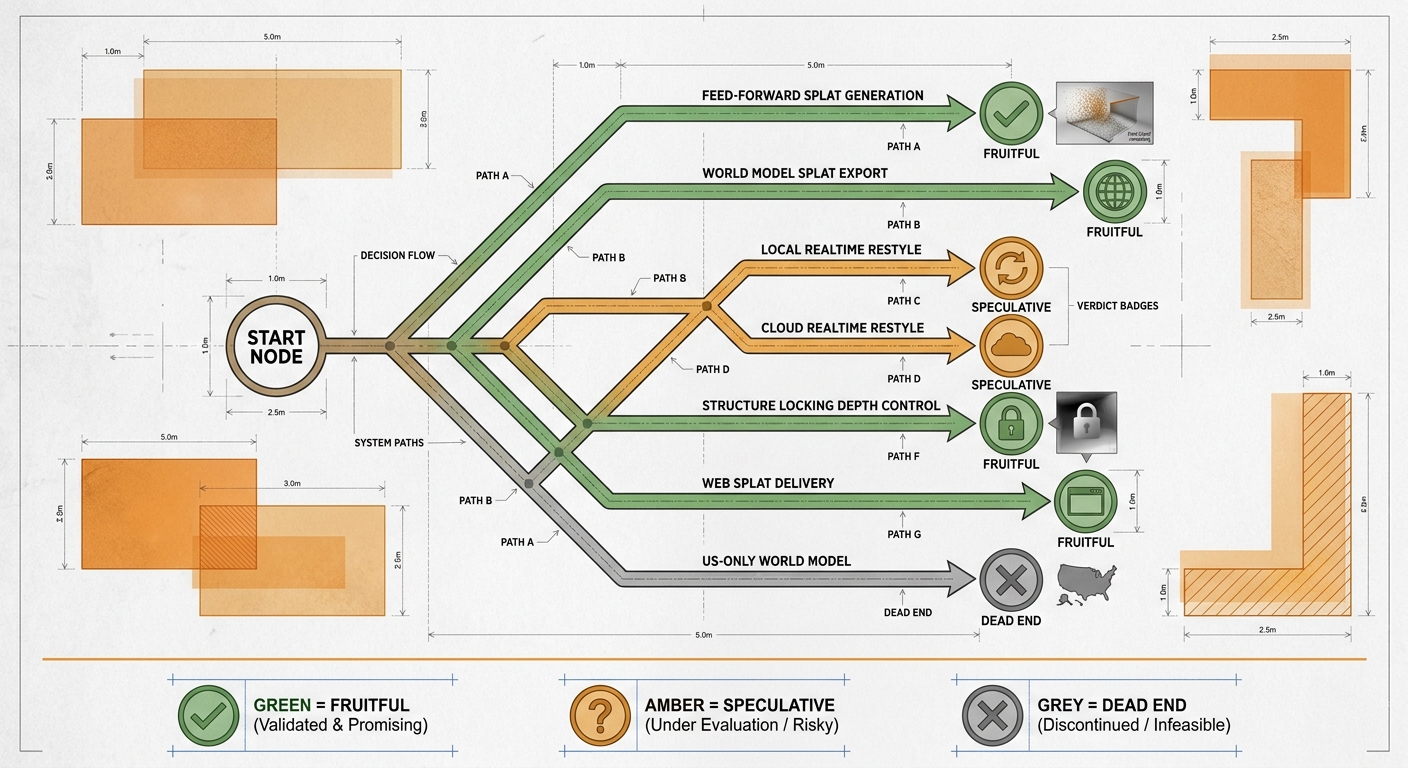 A branching route map of the candidate paths ending in green fruitful, amber speculative, or grey dead-end verdict badges