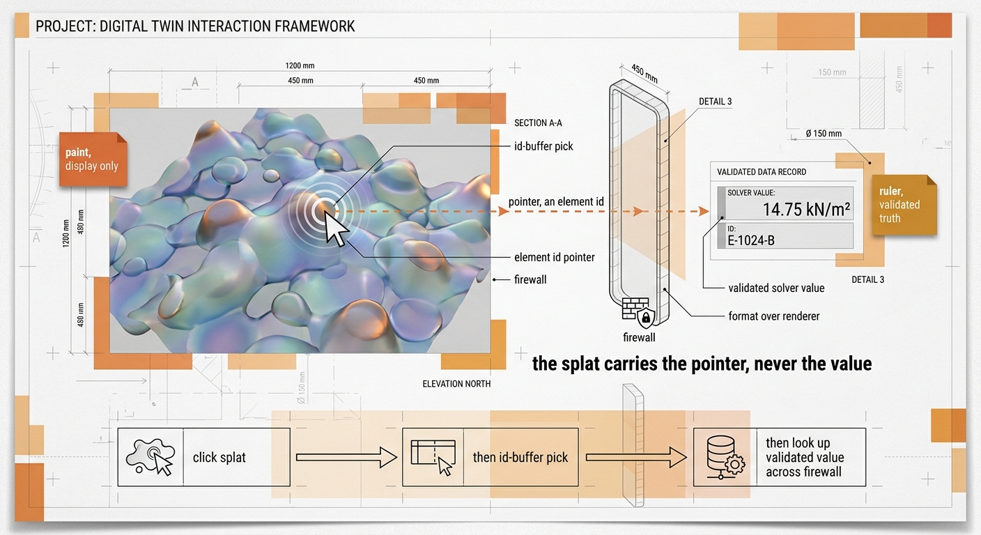 A splat surface where a click sends a pointer (element id) across a firewall to a validated solver value; the splat carries the pointer, never the value