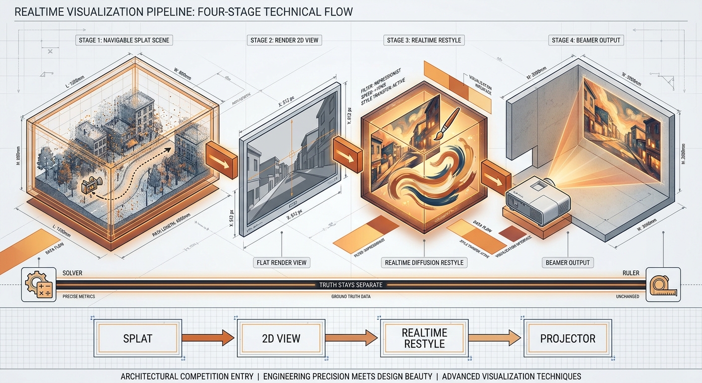 The integration chain: navigable splat scene, render to 2D view, realtime diffusion restyle, projector output, with the truth layer kept separate underneath